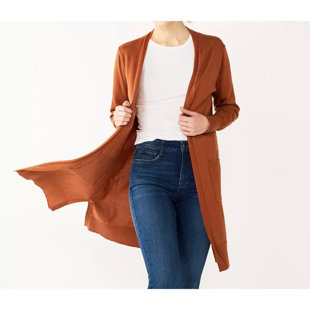 Nine West Womens Longline Open Front Cardigan Rust Brown Knit Sweater Large NEW - Picture 2 of 8